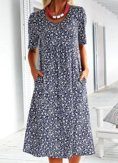 🌸2025 NEW SALES - 50% OFF🌸💃Casual Women Cotton Scoop Neck Floral Dress (8 Colors with Pockets)