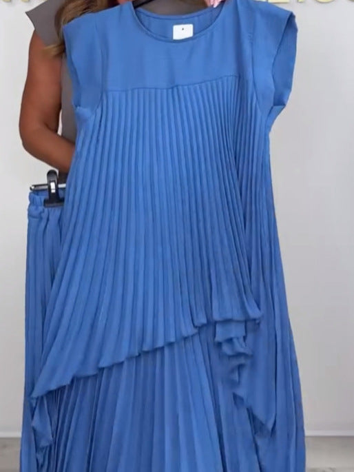 ✨Schneller Verkauf 49 % Rabatt🌸👗Laney Set aus plissiertem, kurzärmligem, unregelmäßigem Midi-Top und Hose mit weitem Bein und elastischer Taille