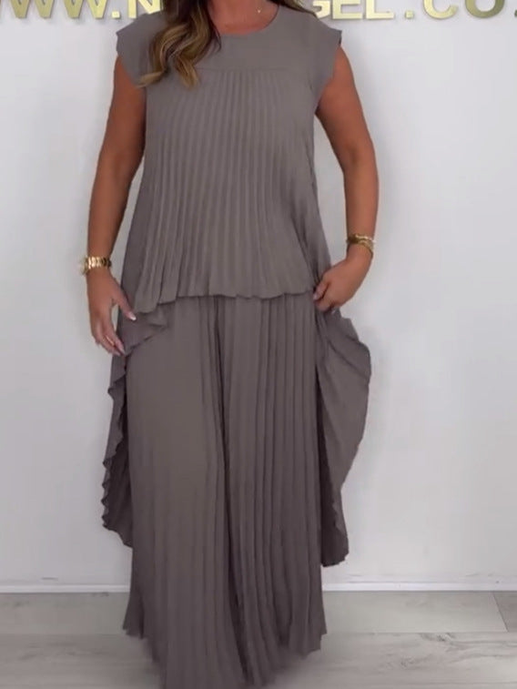 ✨Schneller Verkauf 49 % Rabatt🌸👗Laney Set aus plissiertem, kurzärmligem, unregelmäßigem Midi-Top und Hose mit weitem Bein und elastischer Taille