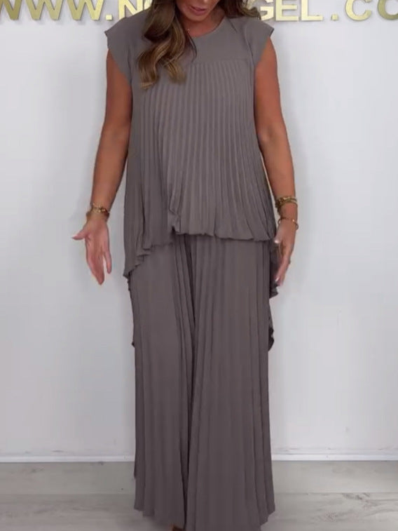 ✨Schneller Verkauf 49 % Rabatt🌸👗Laney Set aus plissiertem, kurzärmligem, unregelmäßigem Midi-Top und Hose mit weitem Bein und elastischer Taille