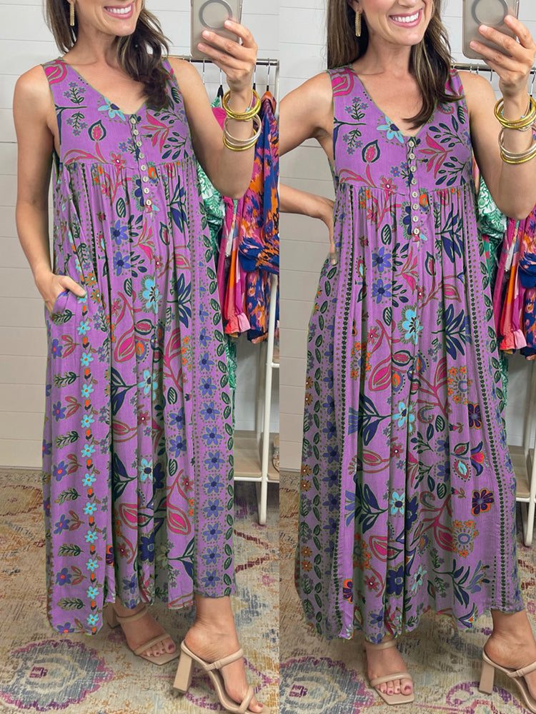 🔥50% Rabatt im Sonderangebot🔥Vintage Blumendruck Lockerer Ärmelloser Jumpsuit