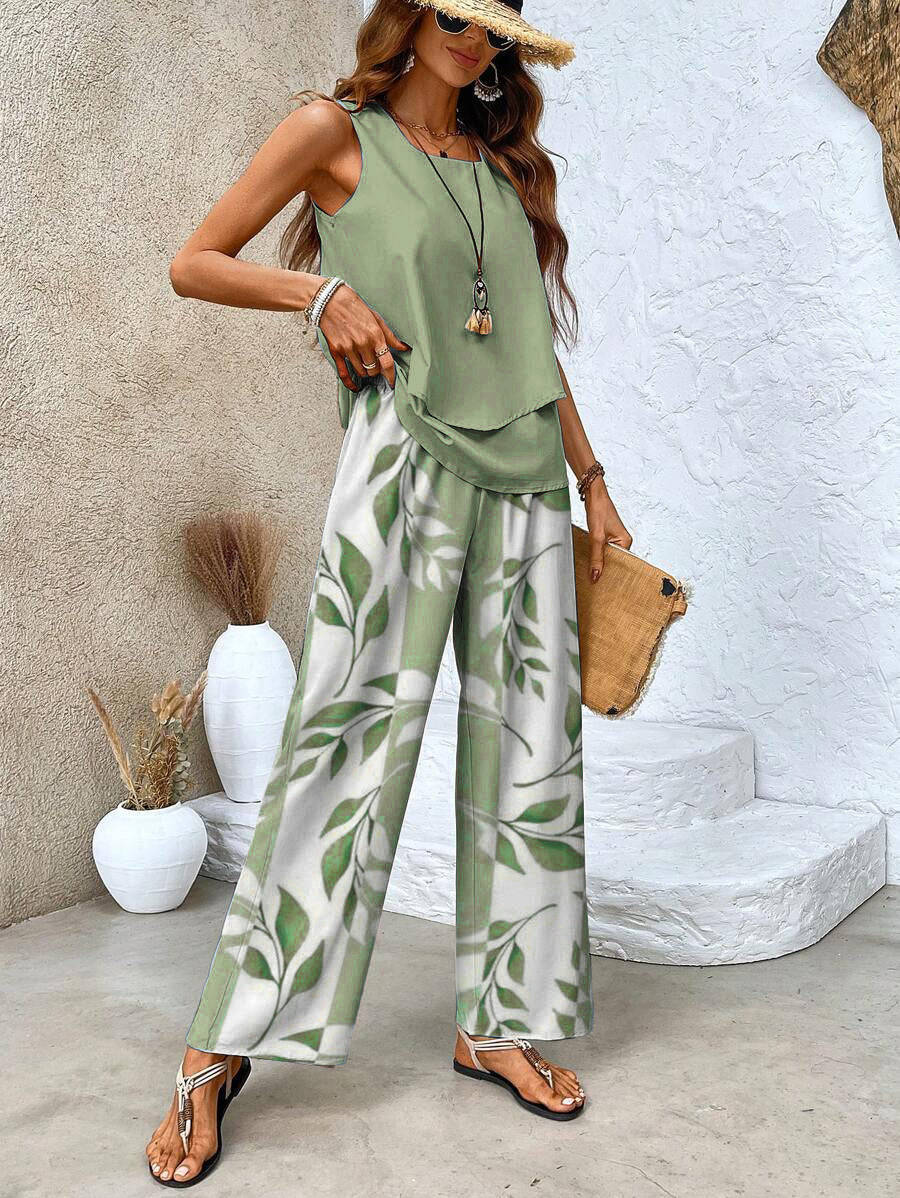 🔥50% RABATT🌺Modische Zweiteilige Damen-Outfits mit bedrucktem ärmellosen Oberteil & Hose