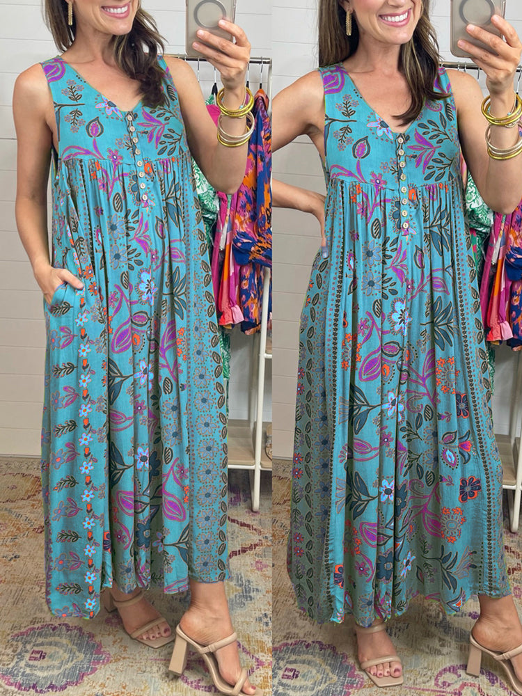 🔥50% Rabatt im Sonderangebot🔥Vintage Blumendruck Lockerer Ärmelloser Jumpsuit