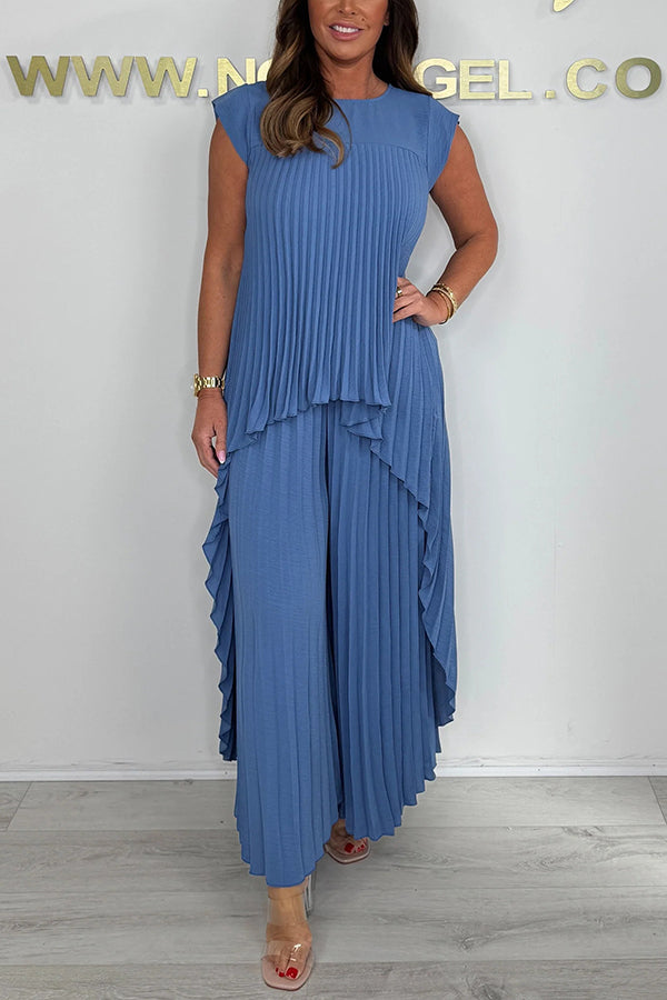 ✨Schneller Verkauf 49 % Rabatt🌸👗Laney Set aus plissiertem, kurzärmligem, unregelmäßigem Midi-Top und Hose mit weitem Bein und elastischer Taille