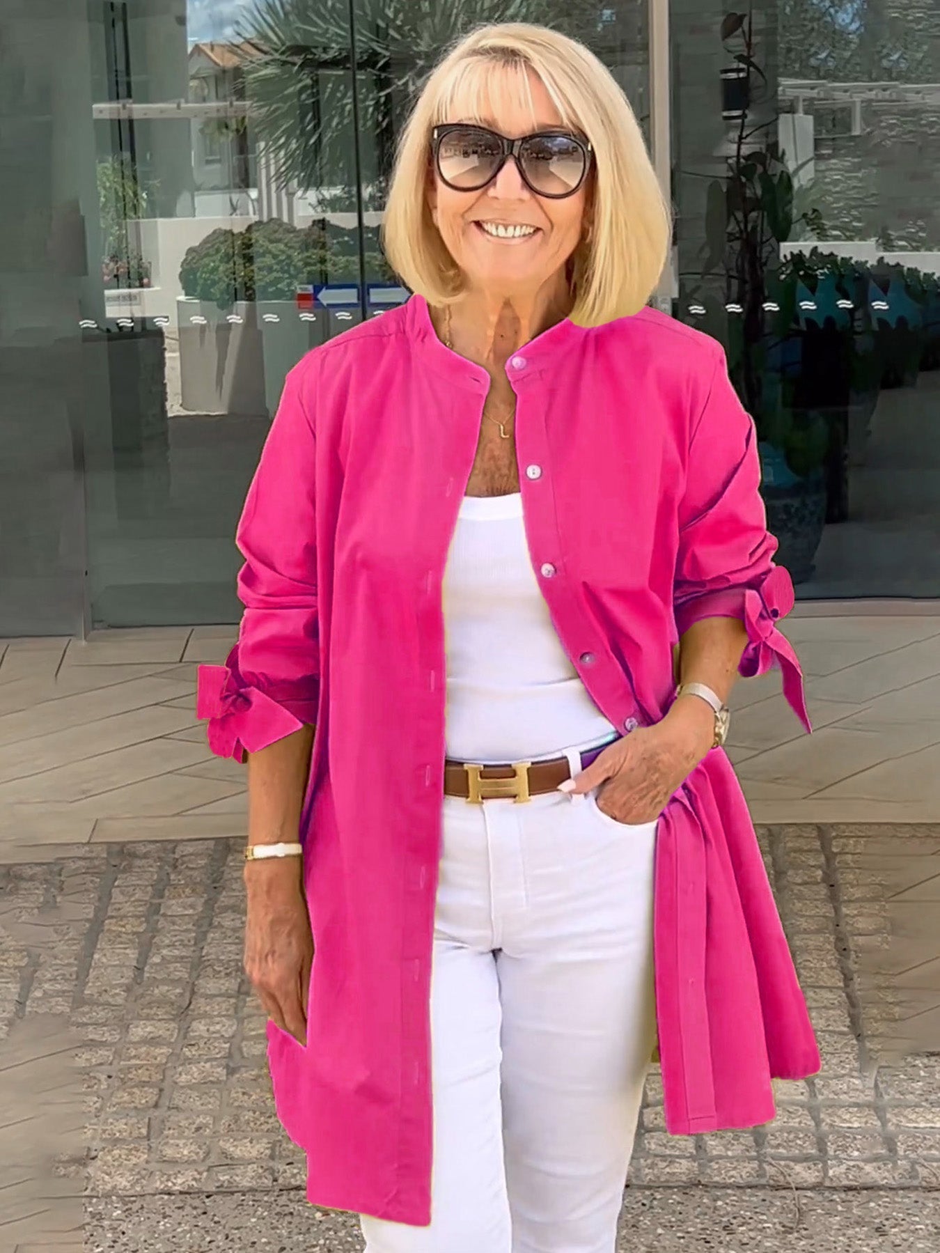 🎀Lange Baumwollhemdjacken in Unifarbe für Damen