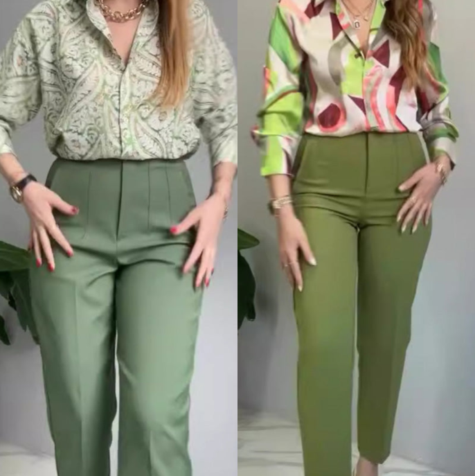 🌸2-teiliges Set aus bedrucktem Hemd und Hose mit Knöpfen für Damen