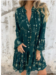 đđDamen Geometrisches Muster Bequemes Midikleid mit V-Ausschnitt