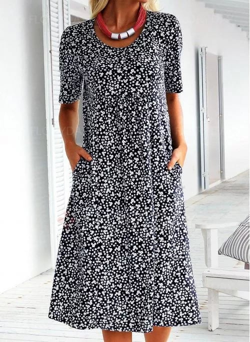 🌸2025 NEW SALES - 50% OFF🌸💃Casual Women Cotton Scoop Neck Floral Dress (8 Colors with Pockets)