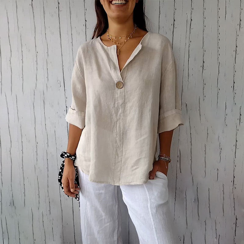 Damen Leinen-Baumwolle V-Ausschnitt Bequemes Top