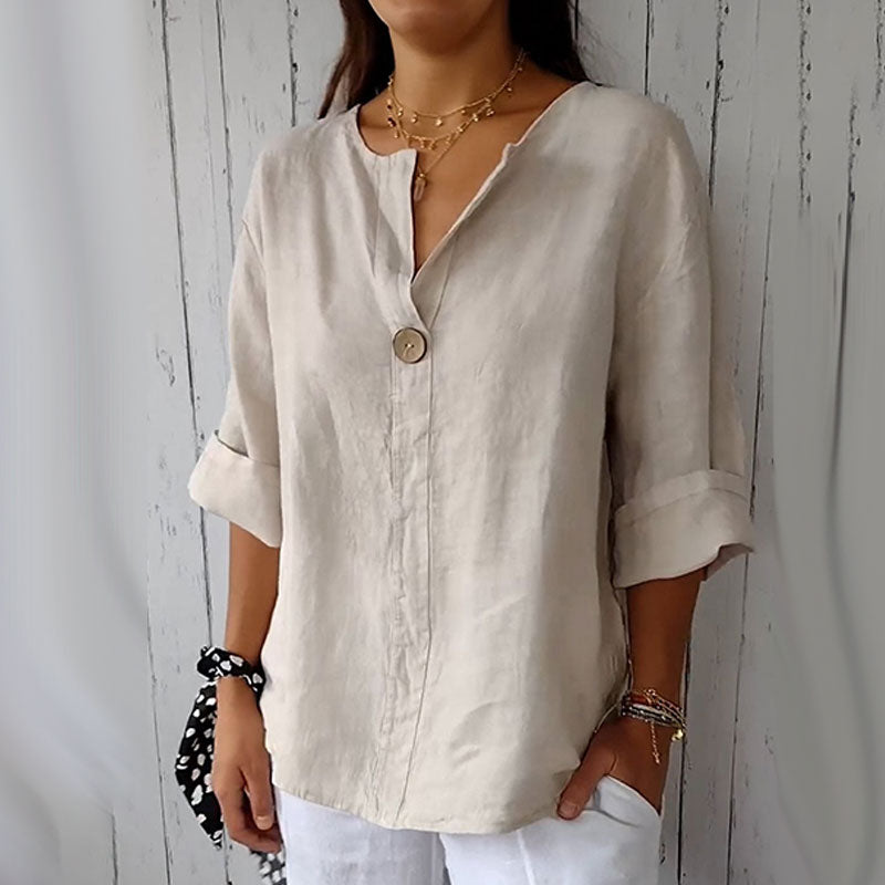 Damen Leinen-Baumwolle V-Ausschnitt Bequemes Top