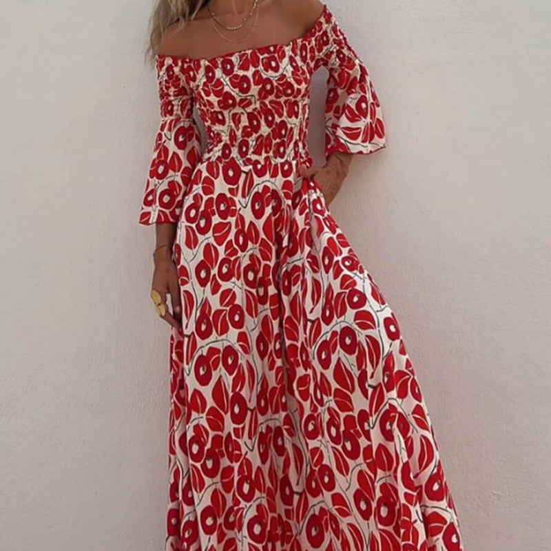 Langes Kleid mit Blumenmuster, offenen Schultern und ausgestellten Ärmeln