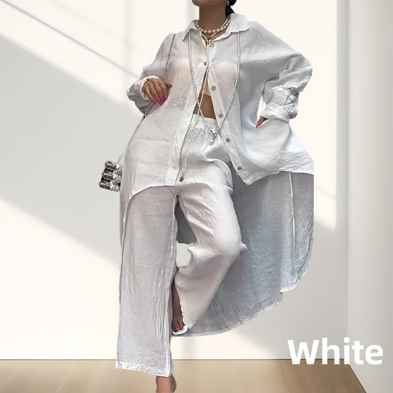 🔥Sommerschlussverkauf🔥Trendiges einfarbiges zweiteiliges Outfit mit langärmeligem Hemd und Hose für Frauen