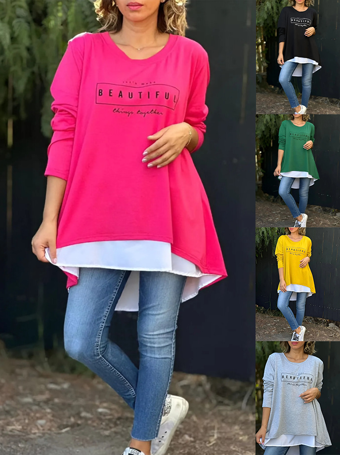 63%Rabatte🔥Neue saisonale Oberteile 💥Zweiteiliges T-Shirt mit langen Ärmeln und Buchstaben-Print