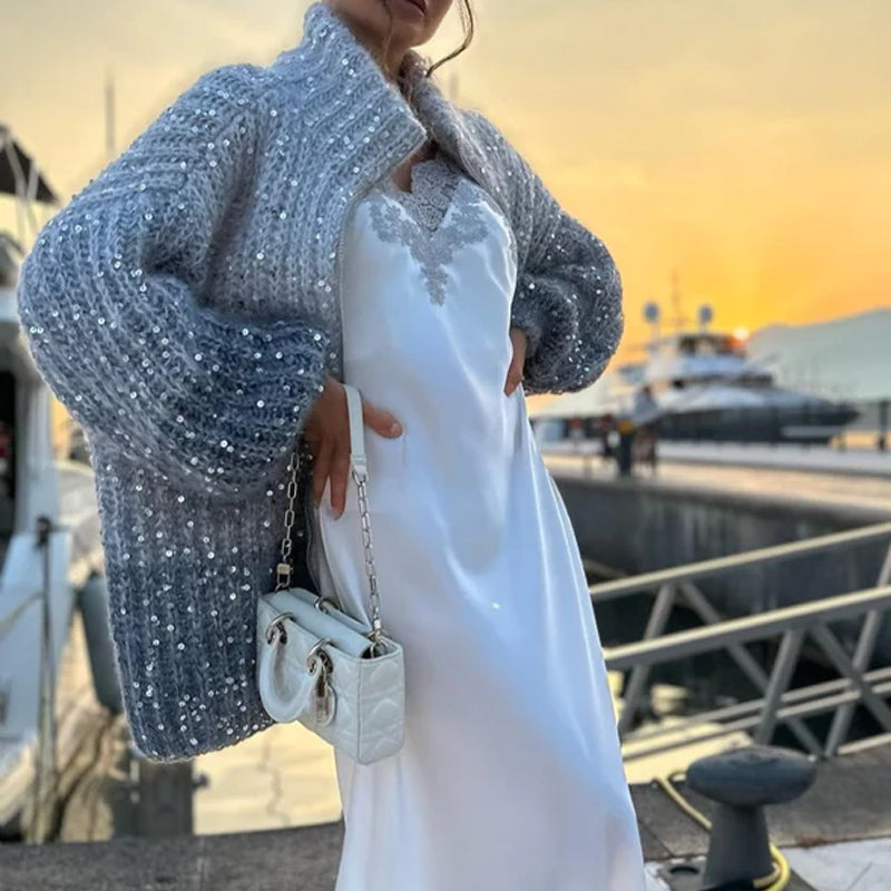 🎅Early Xmas Sales - 50% OFF🎄Strickjacke mit einfarbigen Pailletten