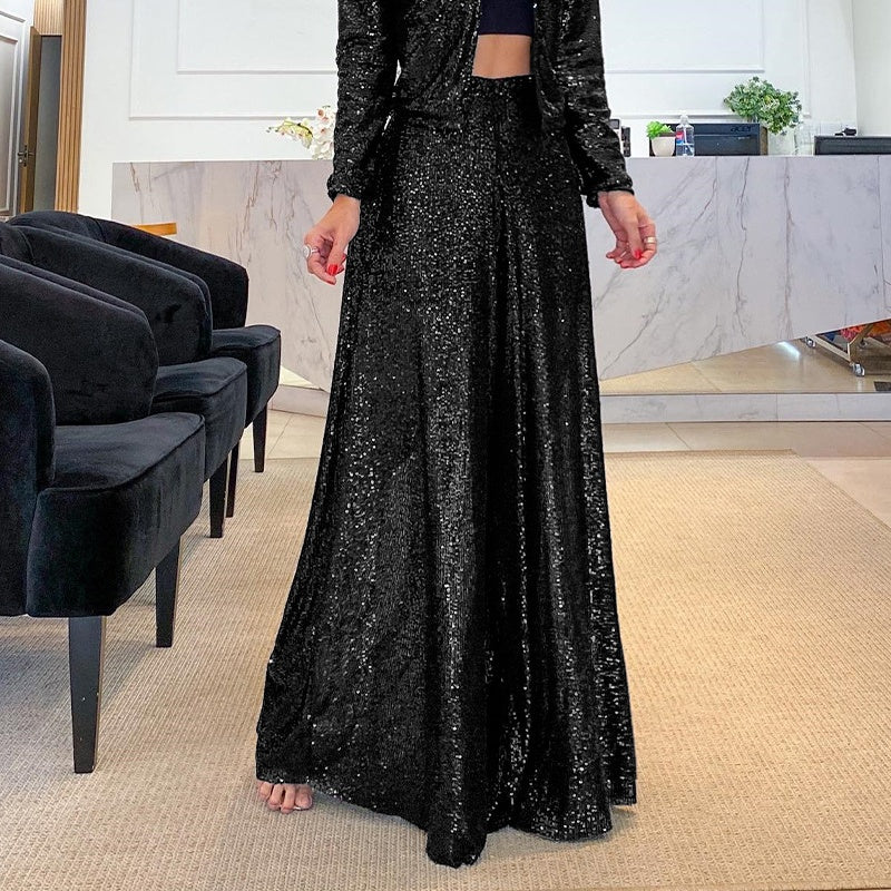 🎅Weihnachtsaktion💖Trendige Paillettenhose mit hoher Taille und weitem Bein für Damen👗✨