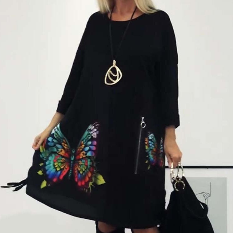 🌈Lockeres Kleid mit Schmetterlingsdruck und Rundhalsausschnitt für Damen👗🎁