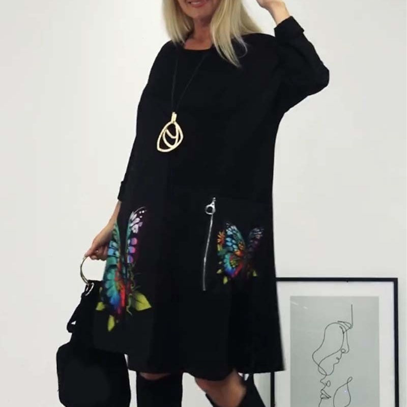🌈Lockeres Kleid mit Schmetterlingsdruck und Rundhalsausschnitt für Damen👗🎁