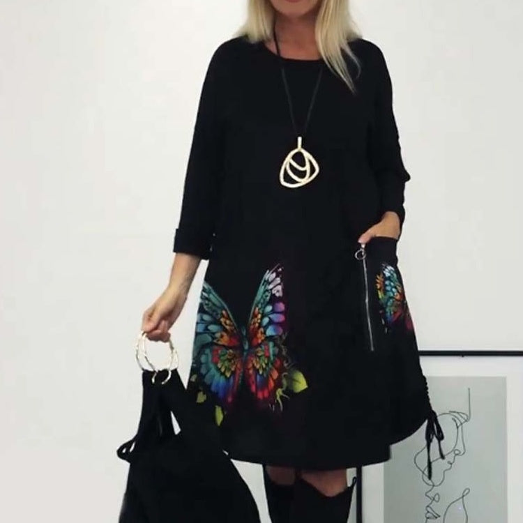 🌈Lockeres Kleid mit Schmetterlingsdruck und Rundhalsausschnitt für Damen👗🎁
