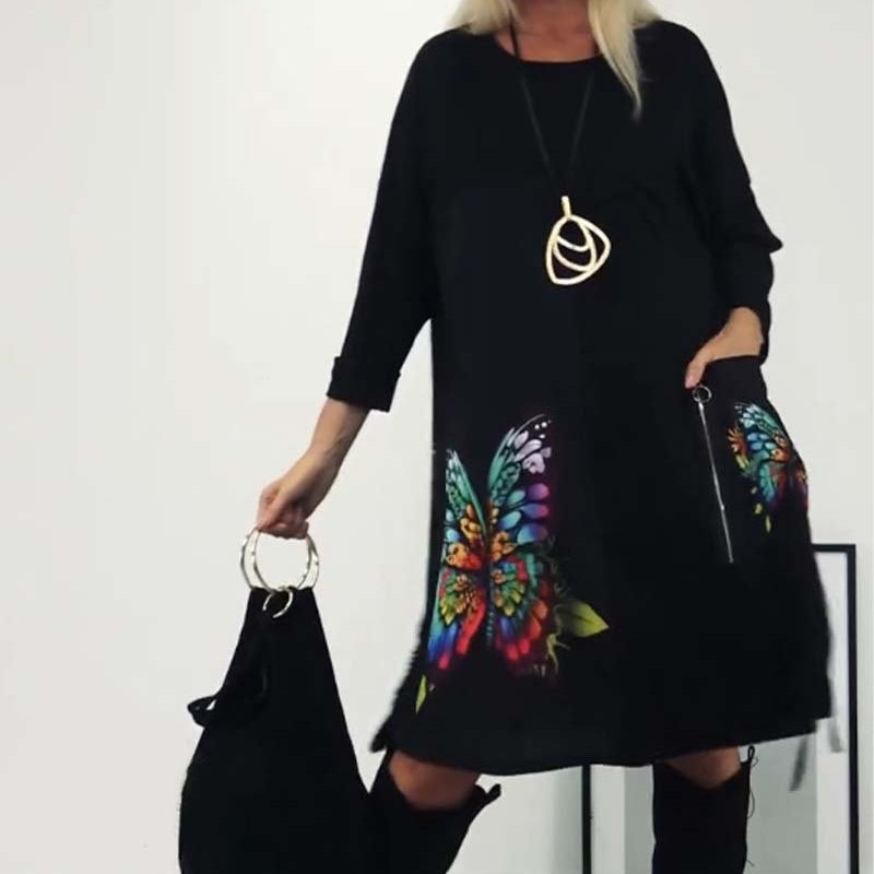 🌈Lockeres Kleid mit Schmetterlingsdruck und Rundhalsausschnitt für Damen👗🎁