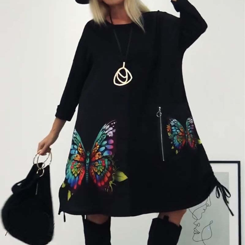 🌈Lockeres Kleid mit Schmetterlingsdruck und Rundhalsausschnitt für Damen👗🎁