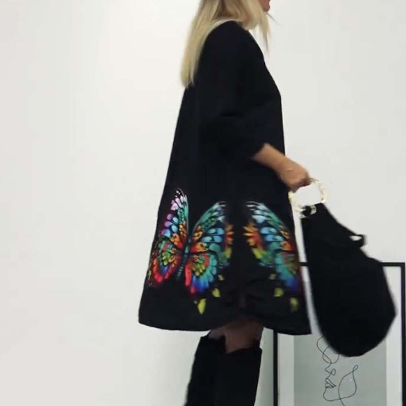 🌈Lockeres Kleid mit Schmetterlingsdruck und Rundhalsausschnitt für Damen👗🎁