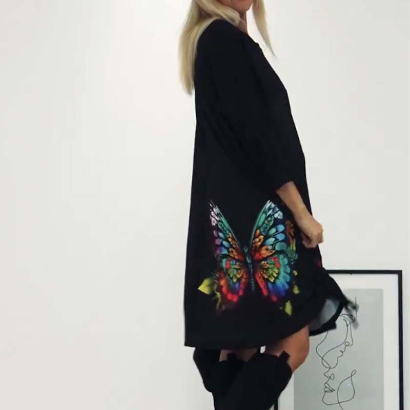 🌈Lockeres Kleid mit Schmetterlingsdruck und Rundhalsausschnitt für Damen👗🎁