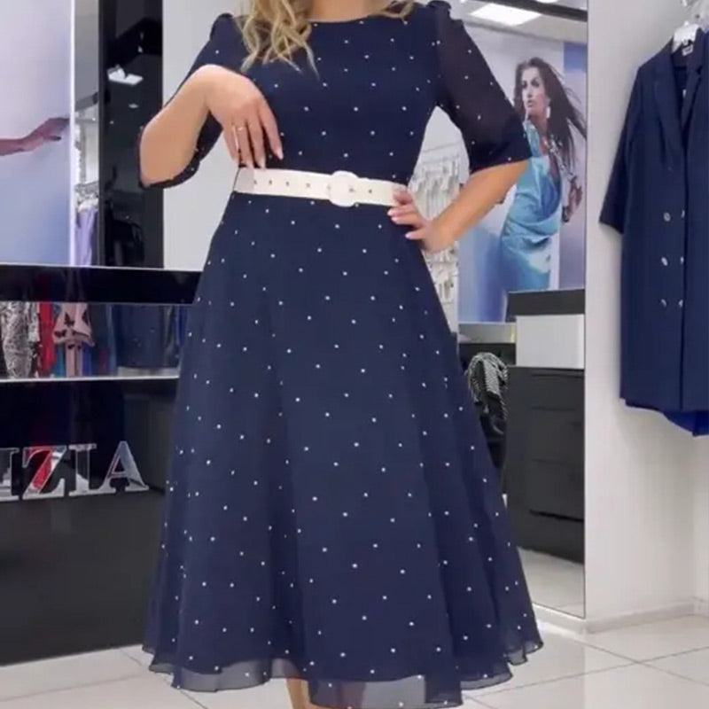 🌸Frühlingsangebote🌸 Kleid mit Rundhalsausschnitt, Gürtel und halblangen Ärmeln