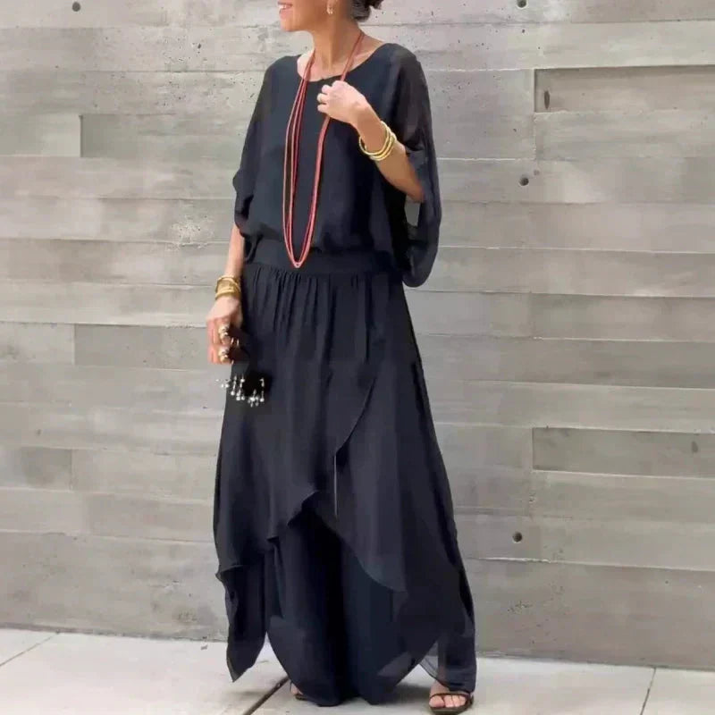 🌹Frühjahrsverkauf 50% RABATT🌹👗2-teiliges Set aus Chiffon mit lockerem Oberteil und weiten Schlitzhosen