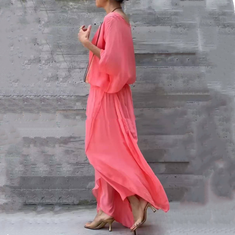 🌹Frühjahrsverkauf 50% RABATT🌹👗2-teiliges Set aus Chiffon mit lockerem Oberteil und weiten Schlitzhosen