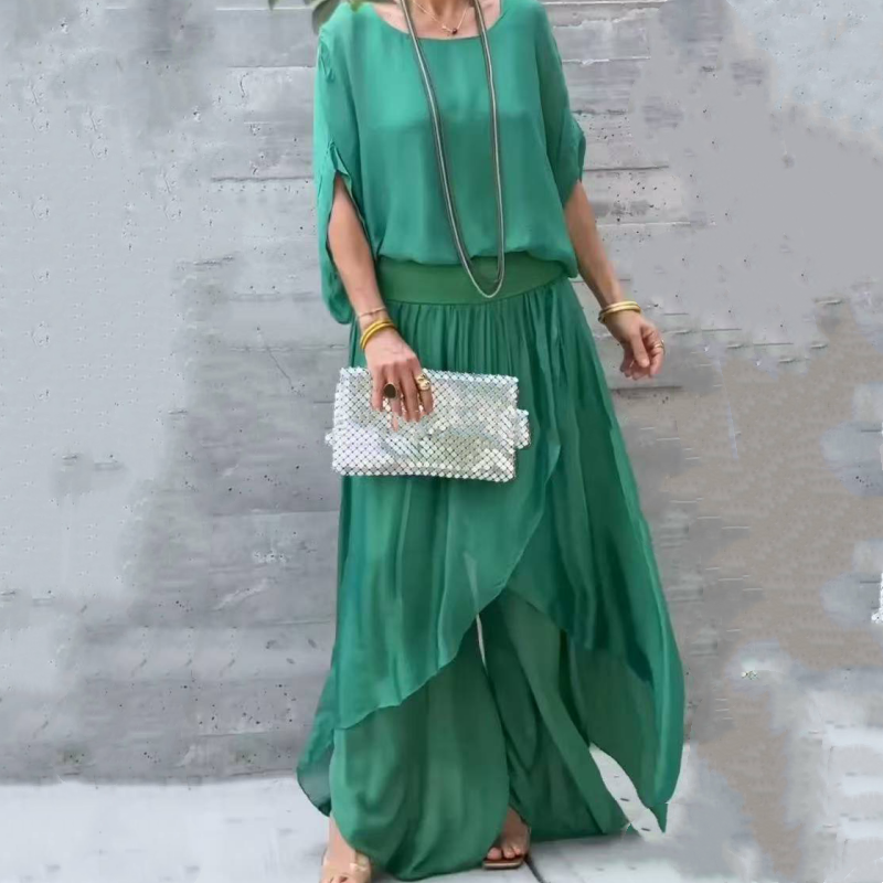 🌹Frühjahrsverkauf 50% RABATT🌹👗2-teiliges Set aus Chiffon mit lockerem Oberteil und weiten Schlitzhosen