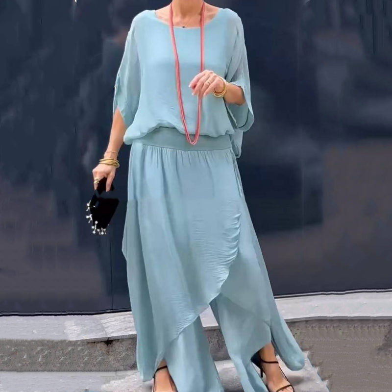 🌹Frühjahrsverkauf 50% RABATT🌹👗2-teiliges Set aus Chiffon mit lockerem Oberteil und weiten Schlitzhosen