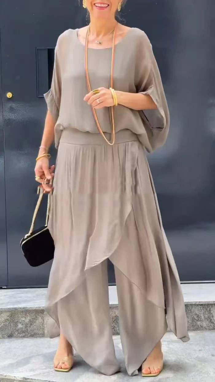 🌹Frühjahrsverkauf 50% RABATT🌹👗2-teiliges Set aus Chiffon mit lockerem Oberteil und weiten Schlitzhosen