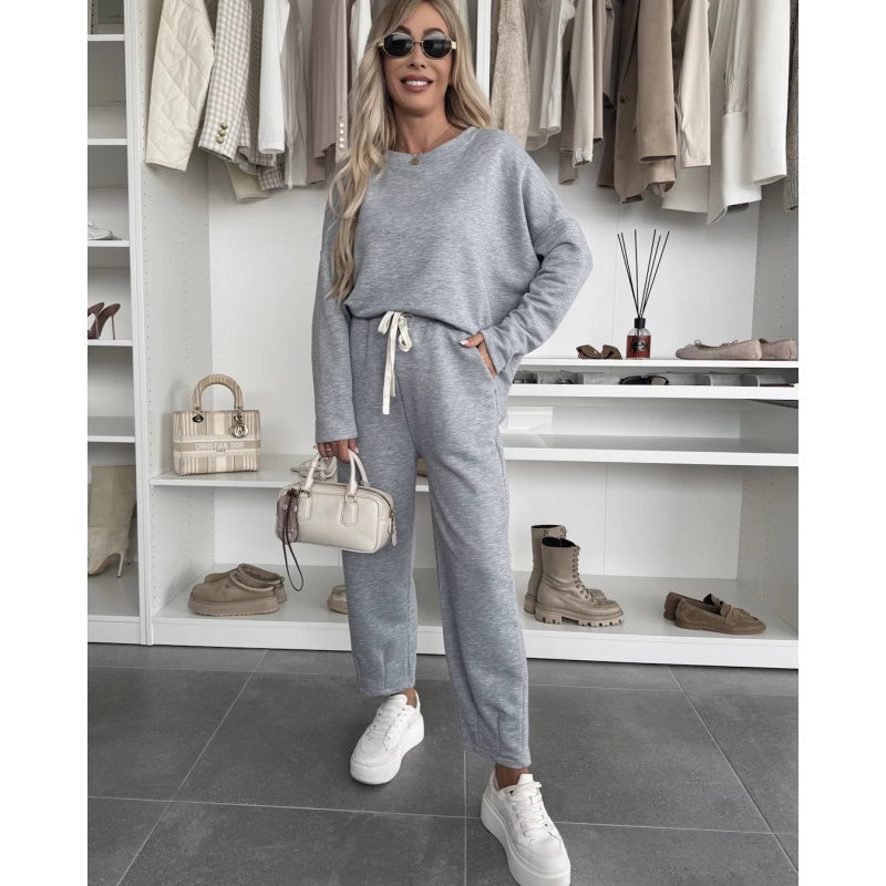 ✨ 2025 Der große Frühjahrsausverkauf 🧥Top mit Rundhalsausschnitt und weite einfarbige Hose 2-PCS👖