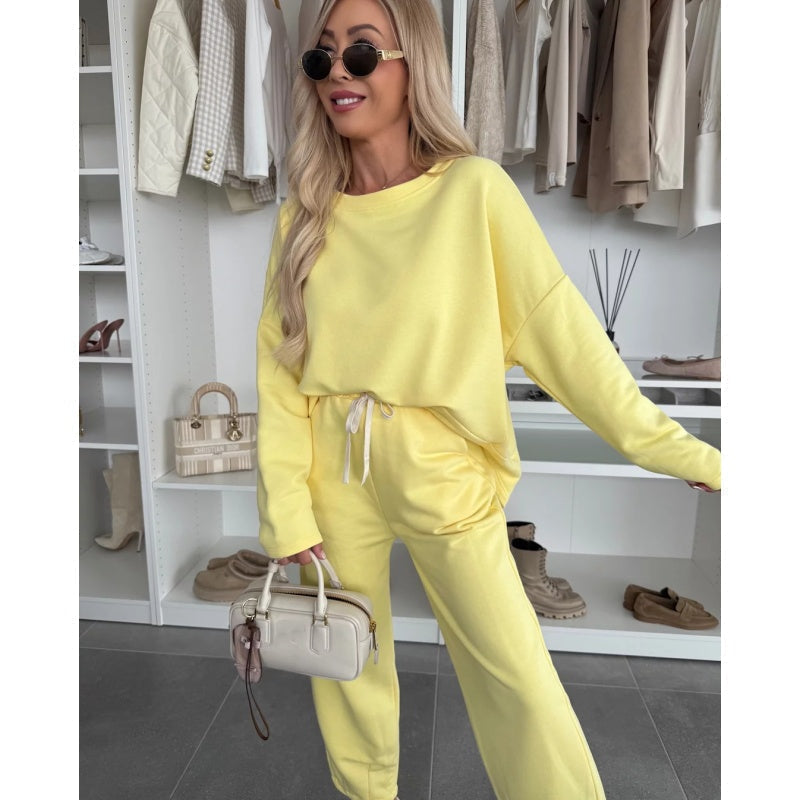 ✨ 2025 Der große Frühjahrsausverkauf 🧥Top mit Rundhalsausschnitt und weite einfarbige Hose 2-PCS👖