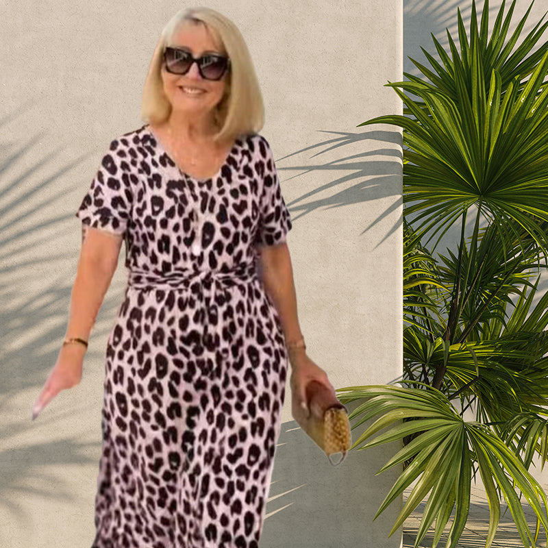 đ„Damenkleid mit Leopardenmuster und V-Ausschnittâ Verstellbarer Bund & 4 Jahreszeiten