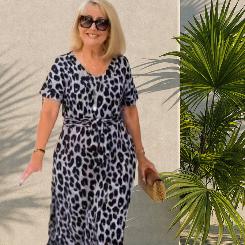 đ„Damenkleid mit Leopardenmuster und V-Ausschnittâ Verstellbarer Bund & 4 Jahreszeiten