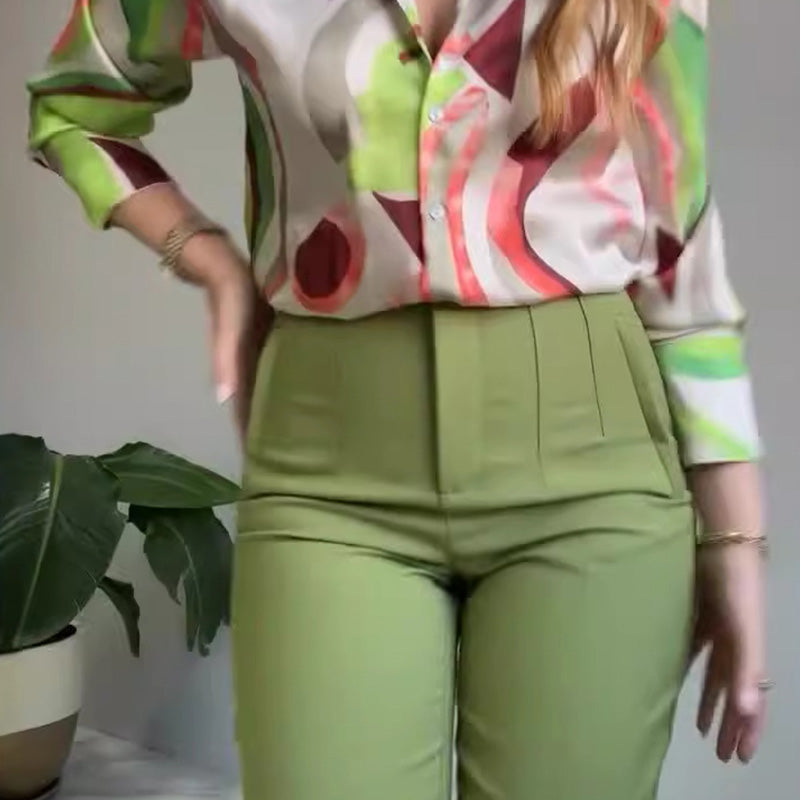 🌸2-teiliges Set aus bedrucktem Hemd und Hose mit Knöpfen für Damen