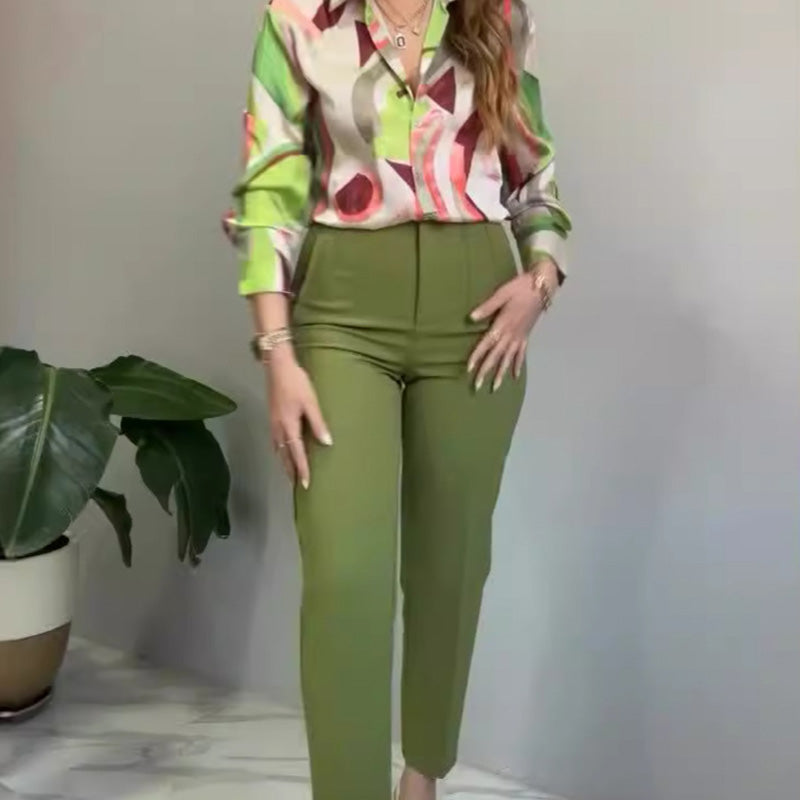🌸2-teiliges Set aus bedrucktem Hemd und Hose mit Knöpfen für Damen