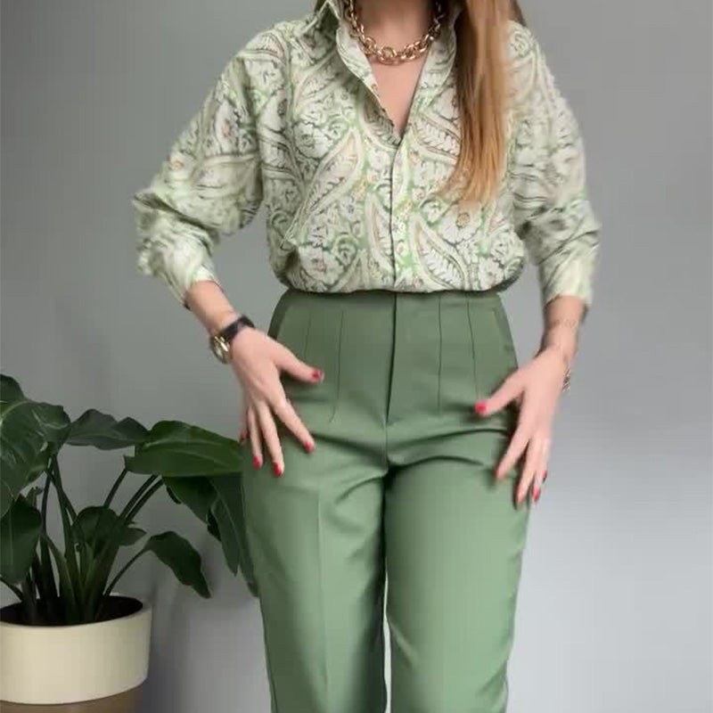 🌸2-teiliges Set aus bedrucktem Hemd und Hose mit Knöpfen für Damen