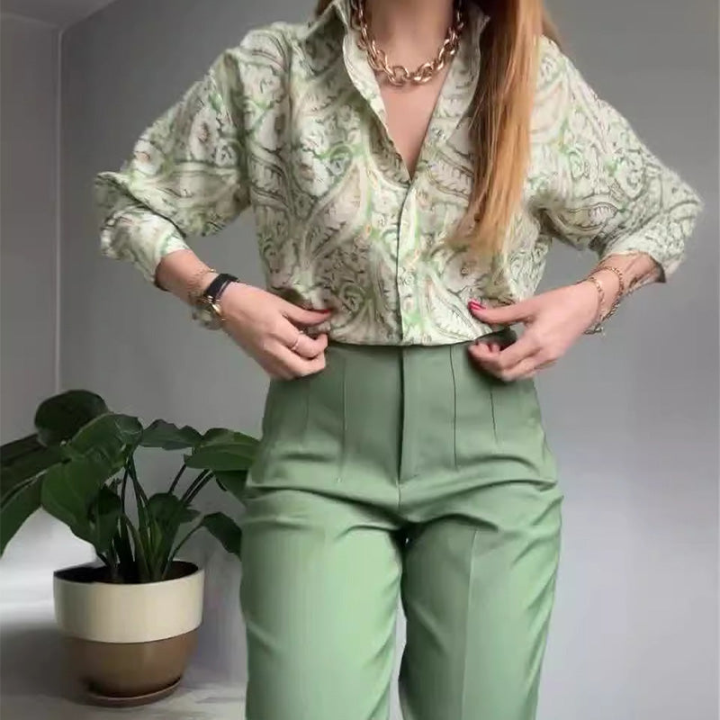 🌸2-teiliges Set aus bedrucktem Hemd und Hose mit Knöpfen für Damen