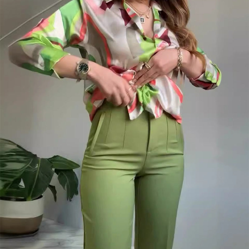 🌸2-teiliges Set aus bedrucktem Hemd und Hose mit Knöpfen für Damen