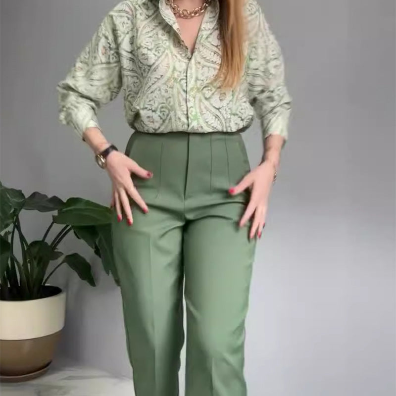 🌸2-teiliges Set aus bedrucktem Hemd und Hose mit Knöpfen für Damen