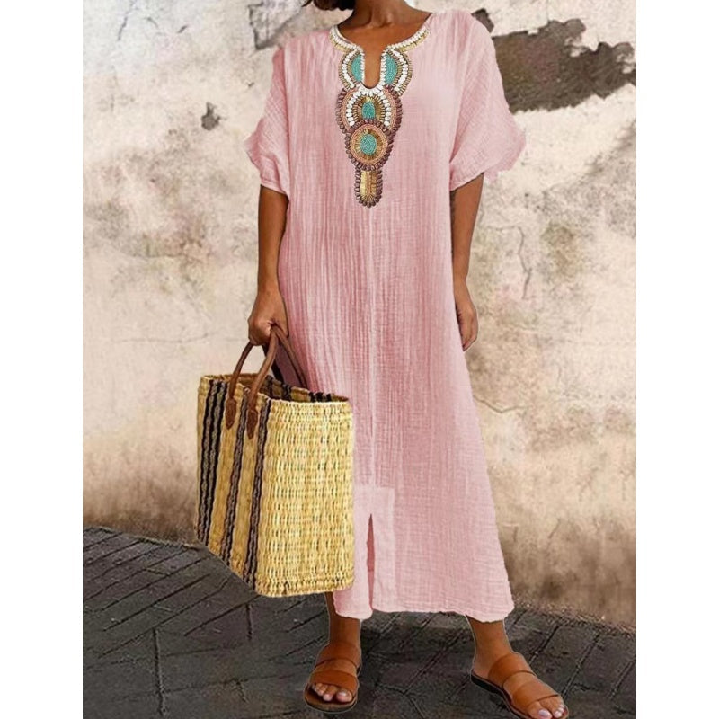 💥Women's Casual Loose Baumwolle Leinen bestickt Split Kleid💥