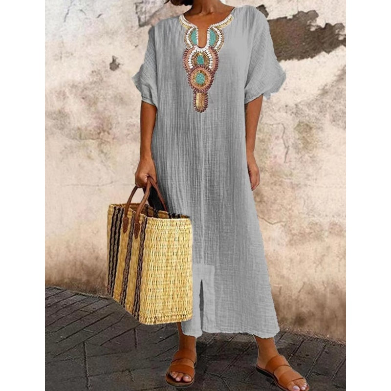 💥Women's Casual Loose Baumwolle Leinen bestickt Split Kleid💥