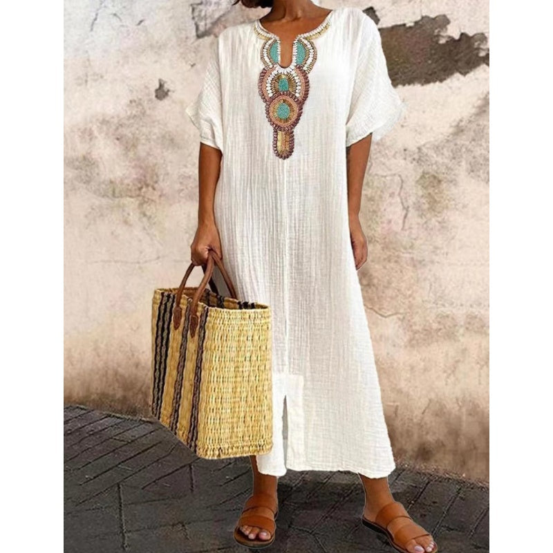 💥Women's Casual Loose Baumwolle Leinen bestickt Split Kleid💥