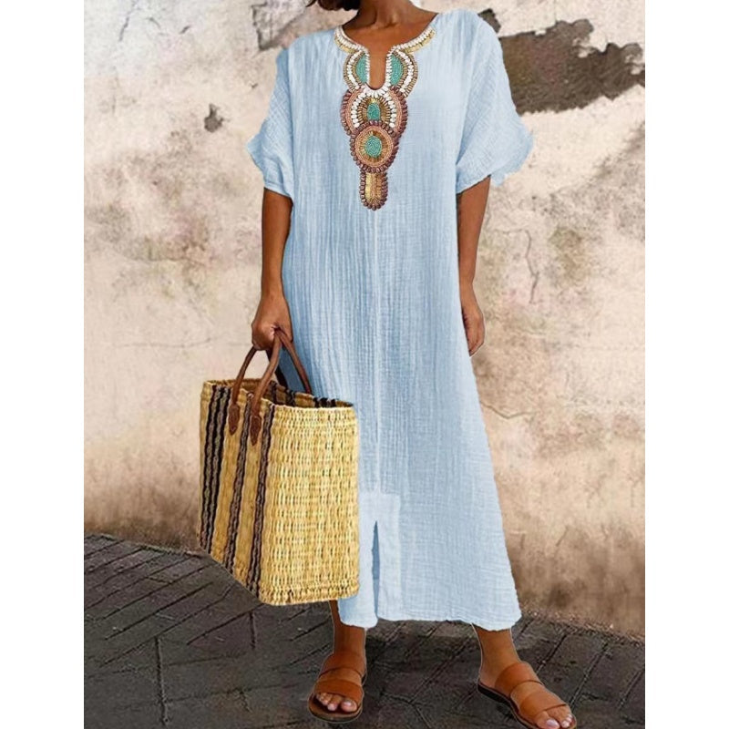 💥Women's Casual Loose Baumwolle Leinen bestickt Split Kleid💥