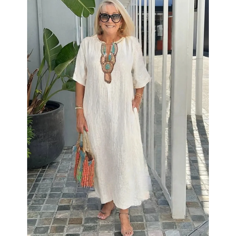 💥Women's Casual Loose Baumwolle Leinen bestickt Split Kleid💥