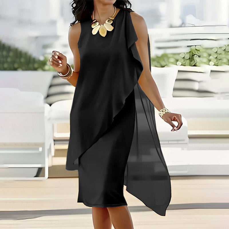 ⏳Zeitlich begrenztes Special⏰Damen Sommer Elegant Rundhals Asymmetrisch Mesh Ärmelloses Kleid👗