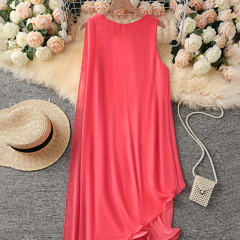 ⏳Zeitlich begrenztes Special⏰Damen Sommer Elegant Rundhals Asymmetrisch Mesh Ärmelloses Kleid👗
