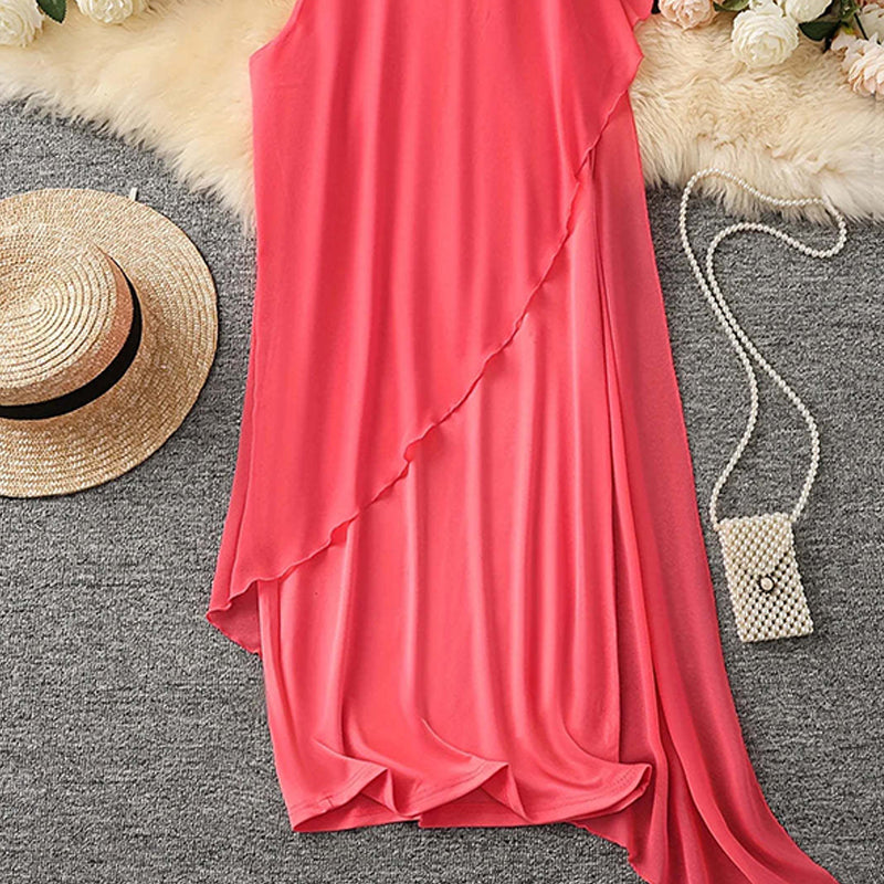⏳Zeitlich begrenztes Special⏰Damen Sommer Elegant Rundhals Asymmetrisch Mesh Ärmelloses Kleid👗